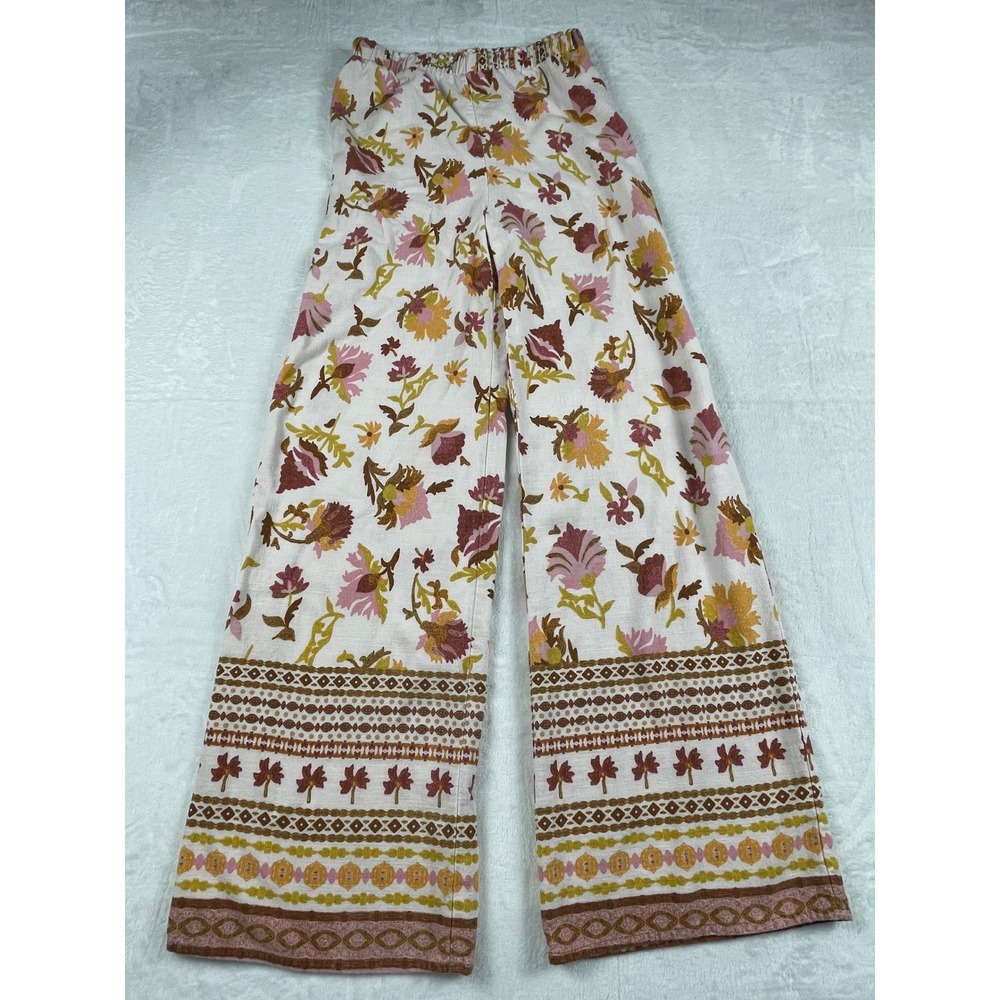 Good Luck Gem GLG Floral Linen Blend Wide Leg Pants S Pink Tan Boho Festival